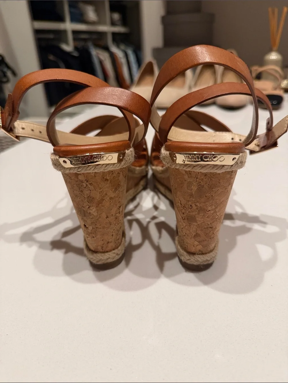 Jimmy Choo size 40 Leather Strappy Wedge Sandals in Tan